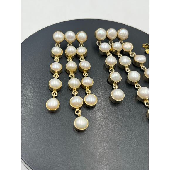 SHASHI Naya White Pearl Designer Dangle Three Triple Row Drop Earrings - Picture 13 of 14